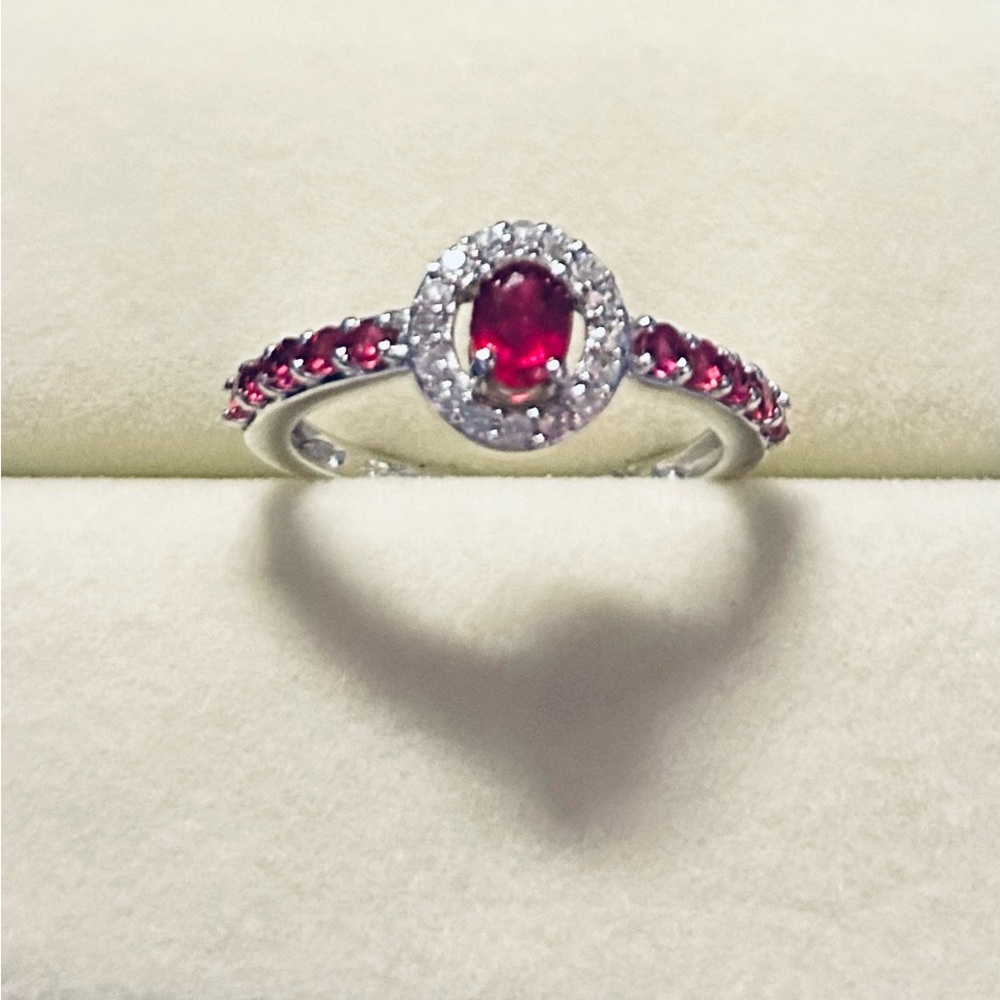 Sterling Silver Ruby Halo Ring with Red Stones